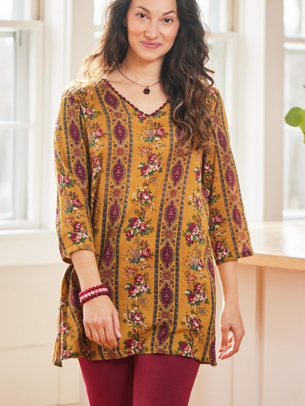New! April Cornell Chateau Tunic NWT Gold Floral Boho Crochet Trim Small